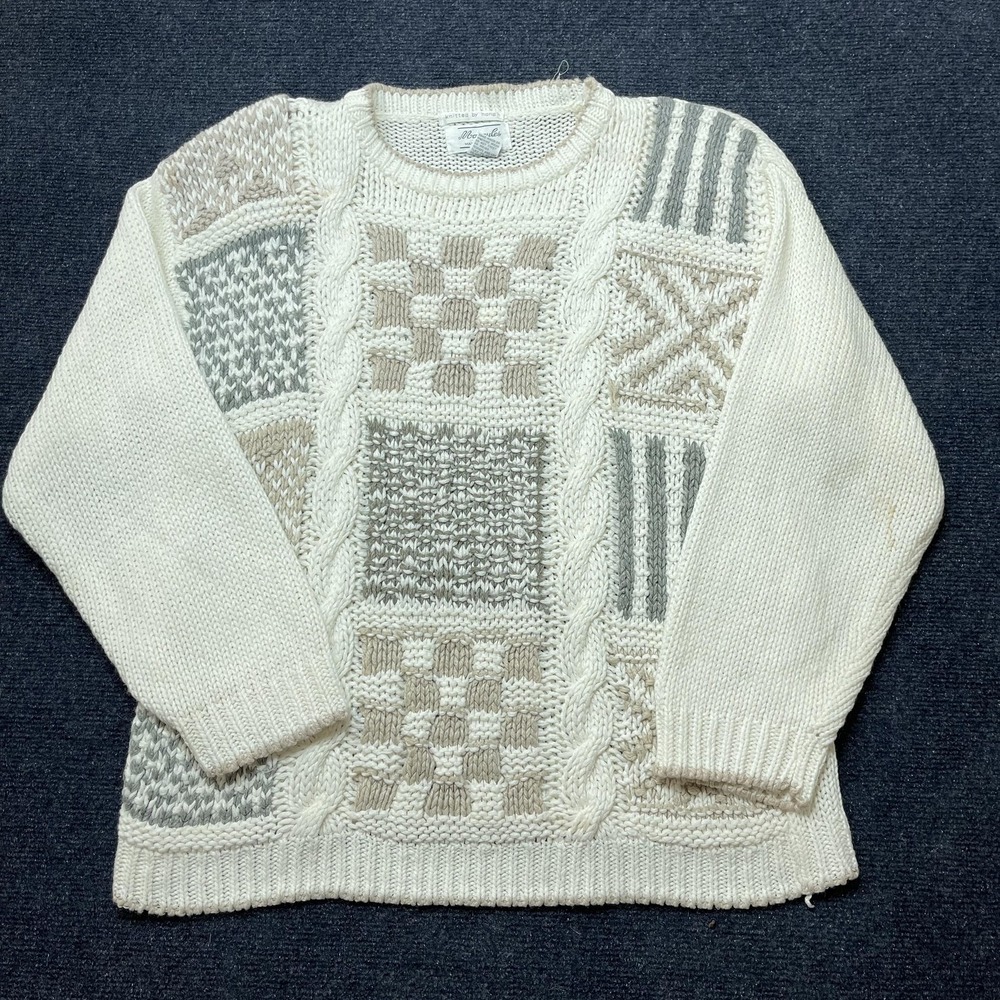 Vintage Margules Sweater Womens Medium Cream Beige Patchwork Cable Knit Korea